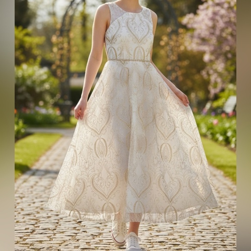 Tween Diva Elegant Cream and Gold Dress Fairy Coquette